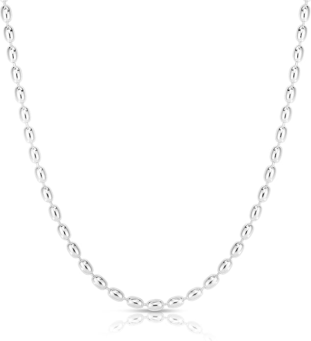 925 纯银米珠链,银色椭圆形珠链项链,银串珠链项链.